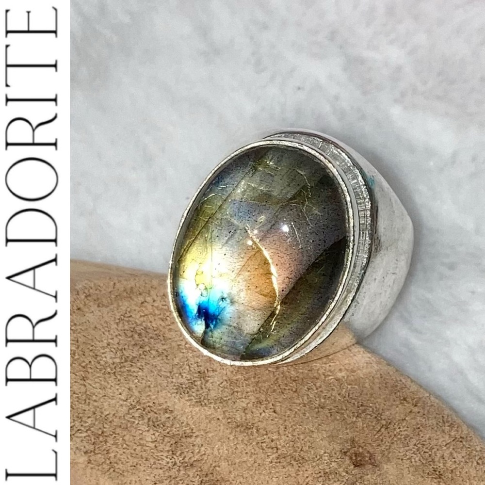 Labradorite Gemstone Men's Signet Style Handmade Ring - Picture 2 of 6